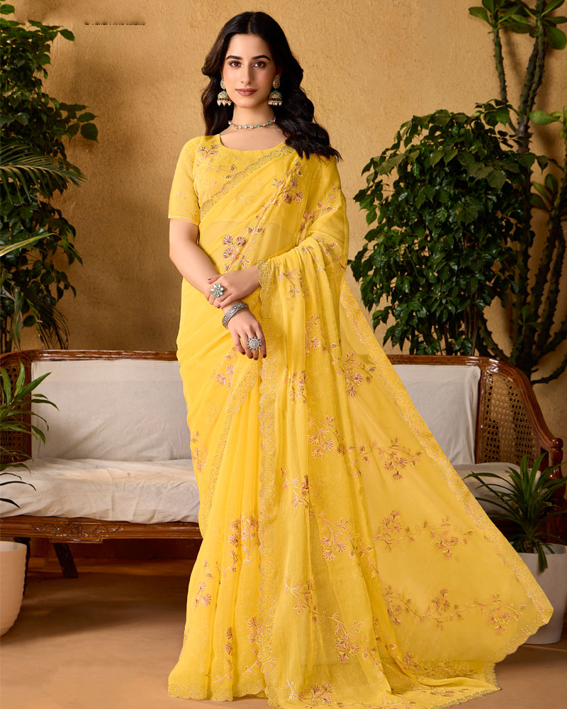 Indian Yellow Designer Fancy Chiffon Saree With Embroidery-Diamond Work And Cut Work Border