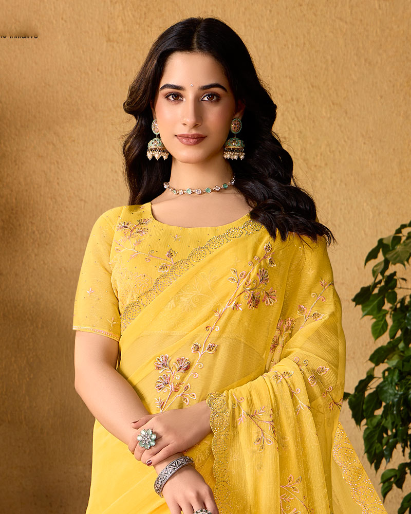 Indian Yellow Designer Fancy Chiffon Saree With Embroidery-Diamond Work And Cut Work Border