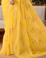 Indian Yellow Designer Fancy Chiffon Saree With Embroidery-Diamond Work And Cut Work Border