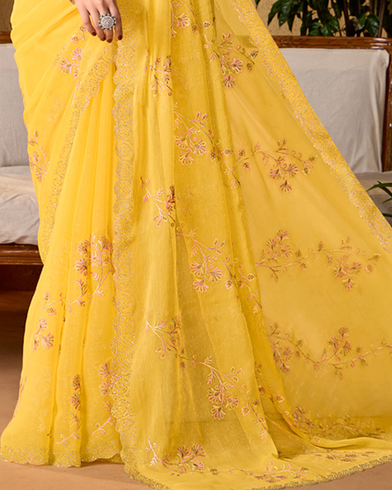 Indian Yellow Designer Fancy Chiffon Saree With Embroidery-Diamond Work And Cut Work Border