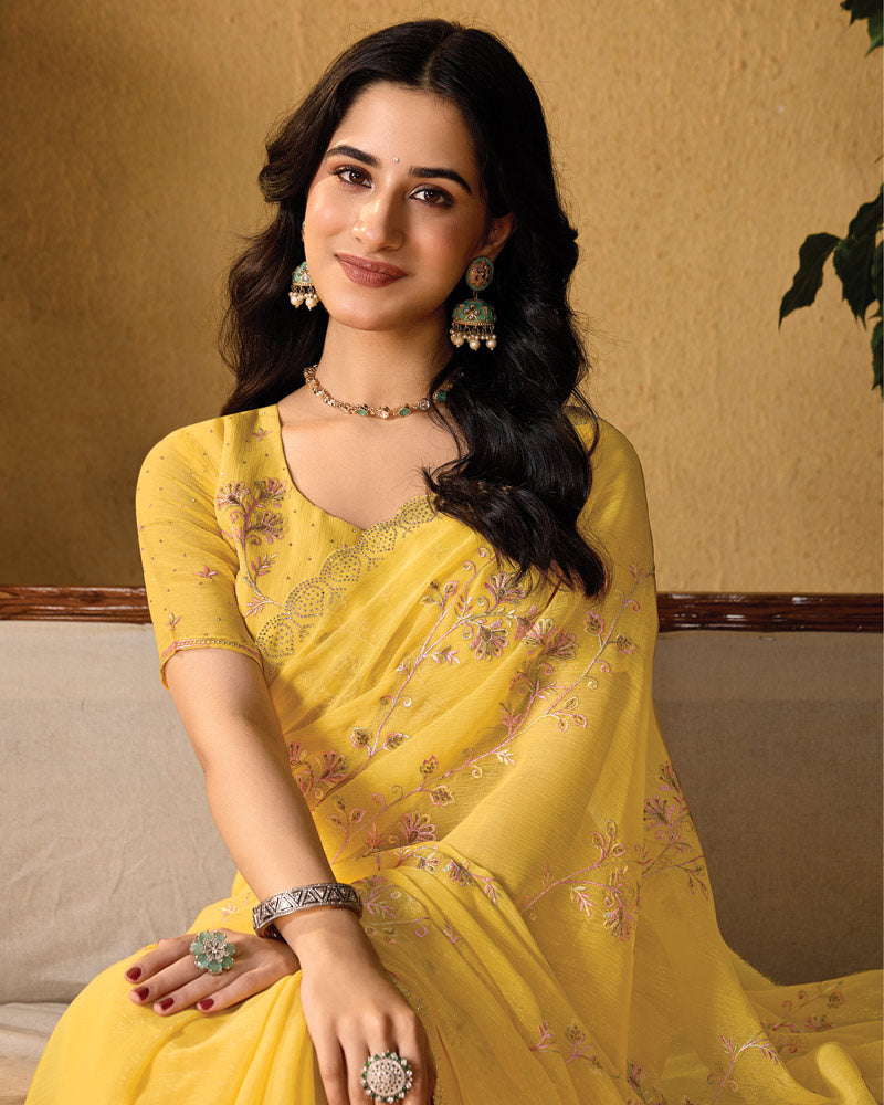 Indian Yellow Designer Fancy Chiffon Saree With Embroidery-Diamond Work And Cut Work Border