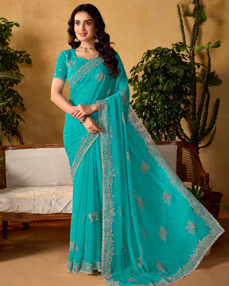 Teal Green Designer Fancy Chiffon Saree With Embroidery-Diamond Work And Cut Work Border