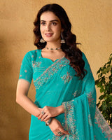 Teal Green Designer Fancy Chiffon Saree With Embroidery-Diamond Work And Cut Work Border