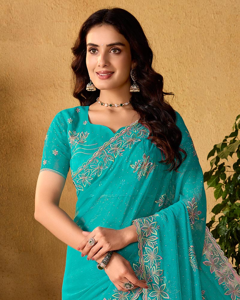 Teal Green Designer Fancy Chiffon Saree With Embroidery-Diamond Work And Cut Work Border