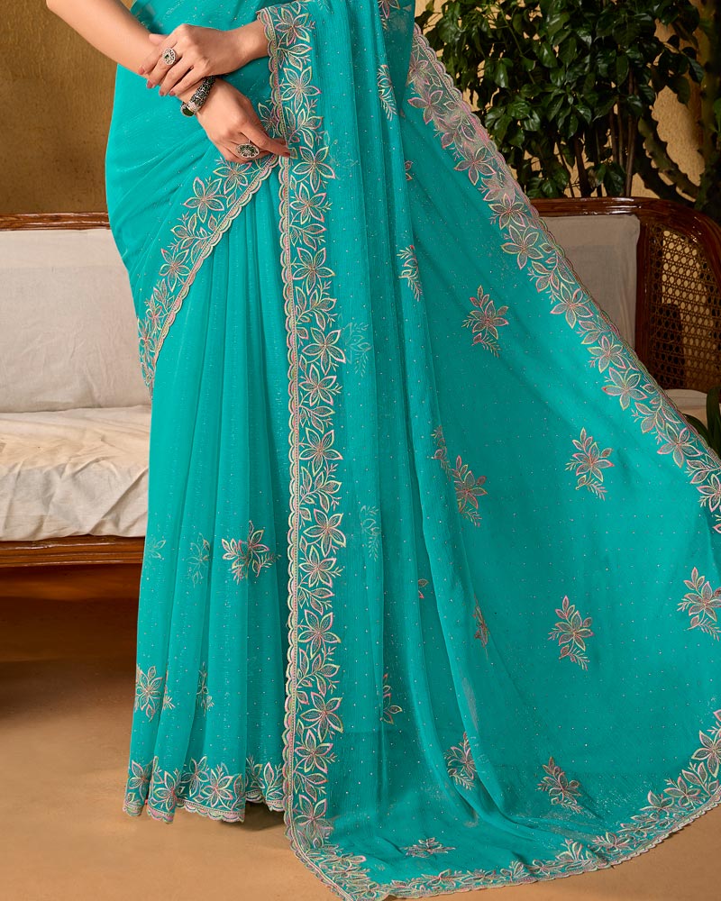 Teal Green Designer Fancy Chiffon Saree With Embroidery-Diamond Work And Cut Work Border