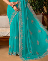 Teal Green Designer Fancy Chiffon Saree With Embroidery-Diamond Work And Cut Work Border
