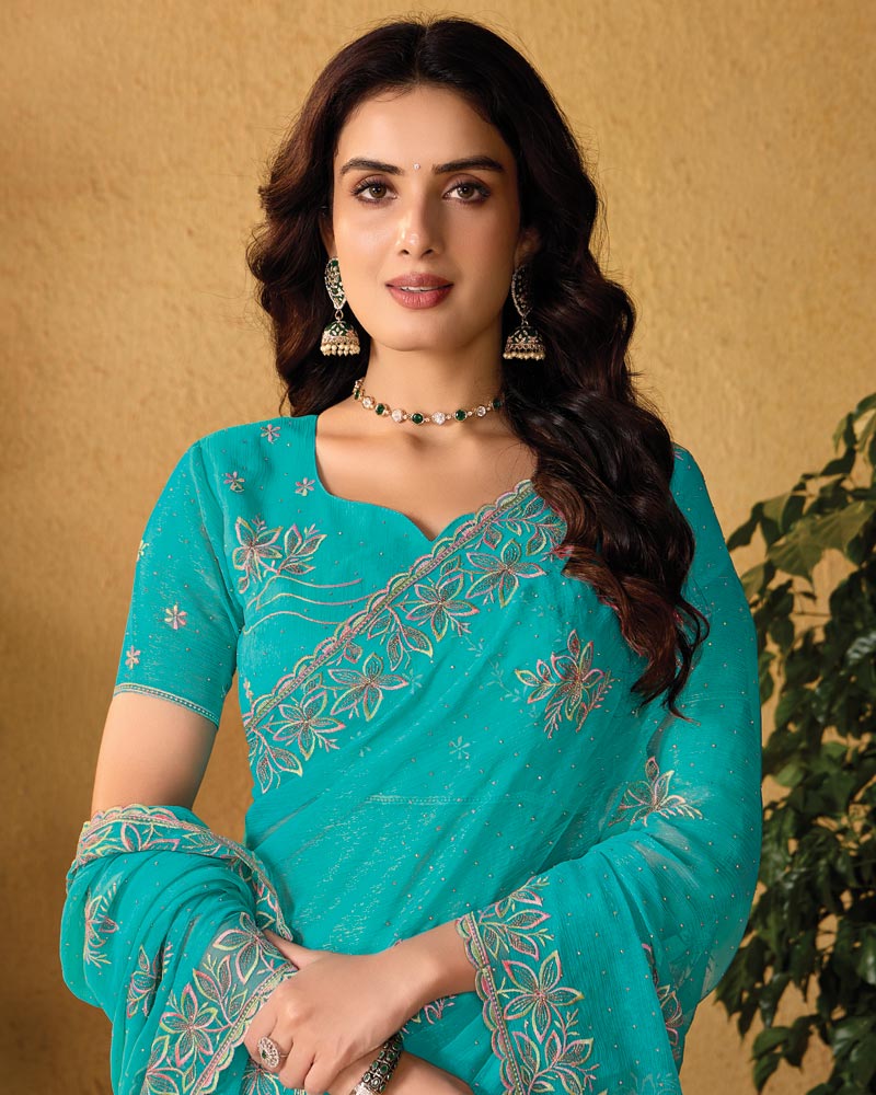 Teal Green Designer Fancy Chiffon Saree With Embroidery-Diamond Work And Cut Work Border