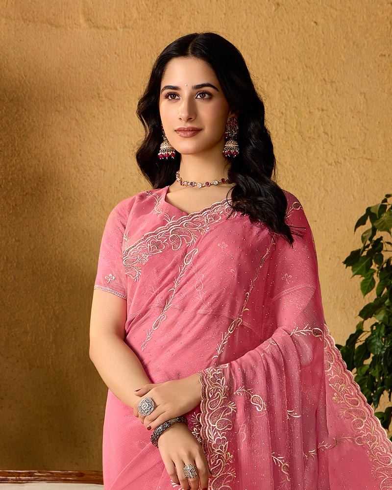 Dusty Pink Designer Fancy Chiffon Saree With Embroidery-Diamond Work And Cut Work Border