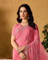 Dusty Pink Designer Fancy Chiffon Saree With Embroidery-Diamond Work And Cut Work Border