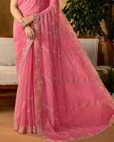 Dusty Pink Designer Fancy Chiffon Saree With Embroidery-Diamond Work And Cut Work Border