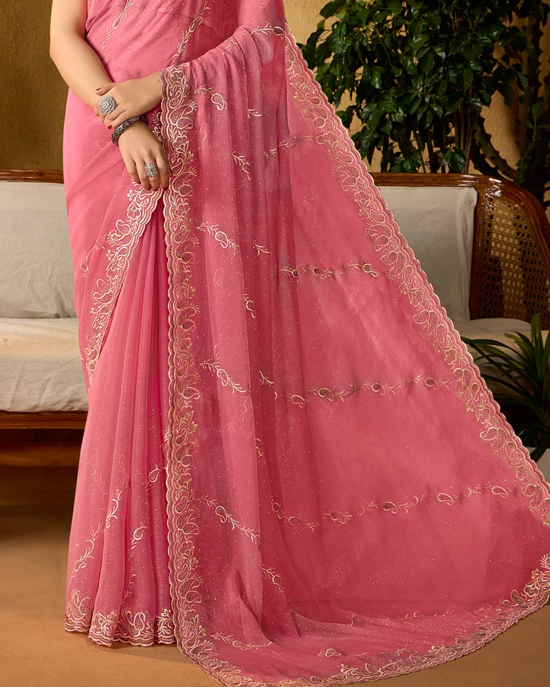 Dusty Pink Designer Fancy Chiffon Saree With Embroidery-Diamond Work And Cut Work Border
