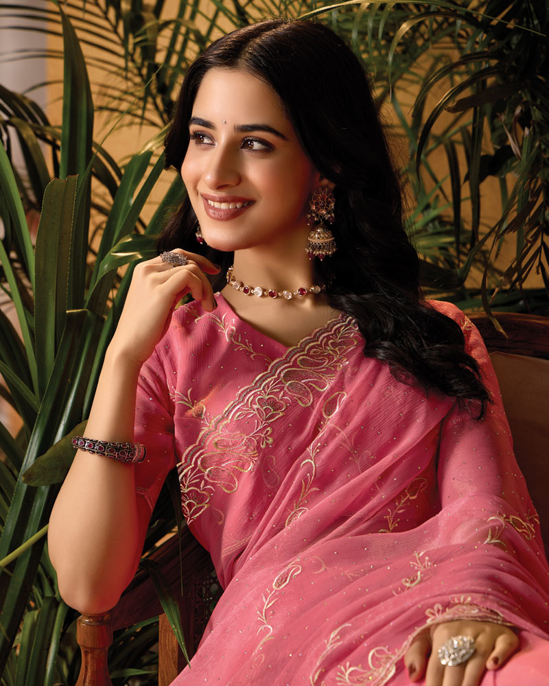 Dusty Pink Designer Fancy Chiffon Saree With Embroidery-Diamond Work And Cut Work Border