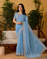 Greyish Blue Designer Fancy Chiffon Saree With Embroidery-Diamond Work And Cut Work Border