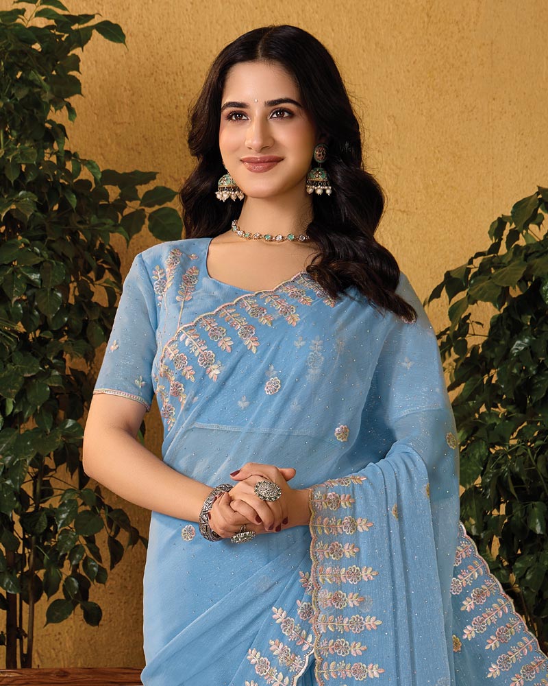 Greyish Blue Designer Fancy Chiffon Saree With Embroidery-Diamond Work And Cut Work Border