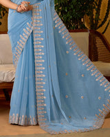 Greyish Blue Designer Fancy Chiffon Saree With Embroidery-Diamond Work And Cut Work Border