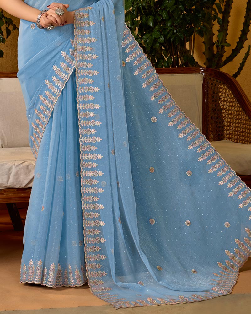 Greyish Blue Designer Fancy Chiffon Saree With Embroidery-Diamond Work And Cut Work Border