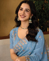 Greyish Blue Designer Fancy Chiffon Saree With Embroidery-Diamond Work And Cut Work Border