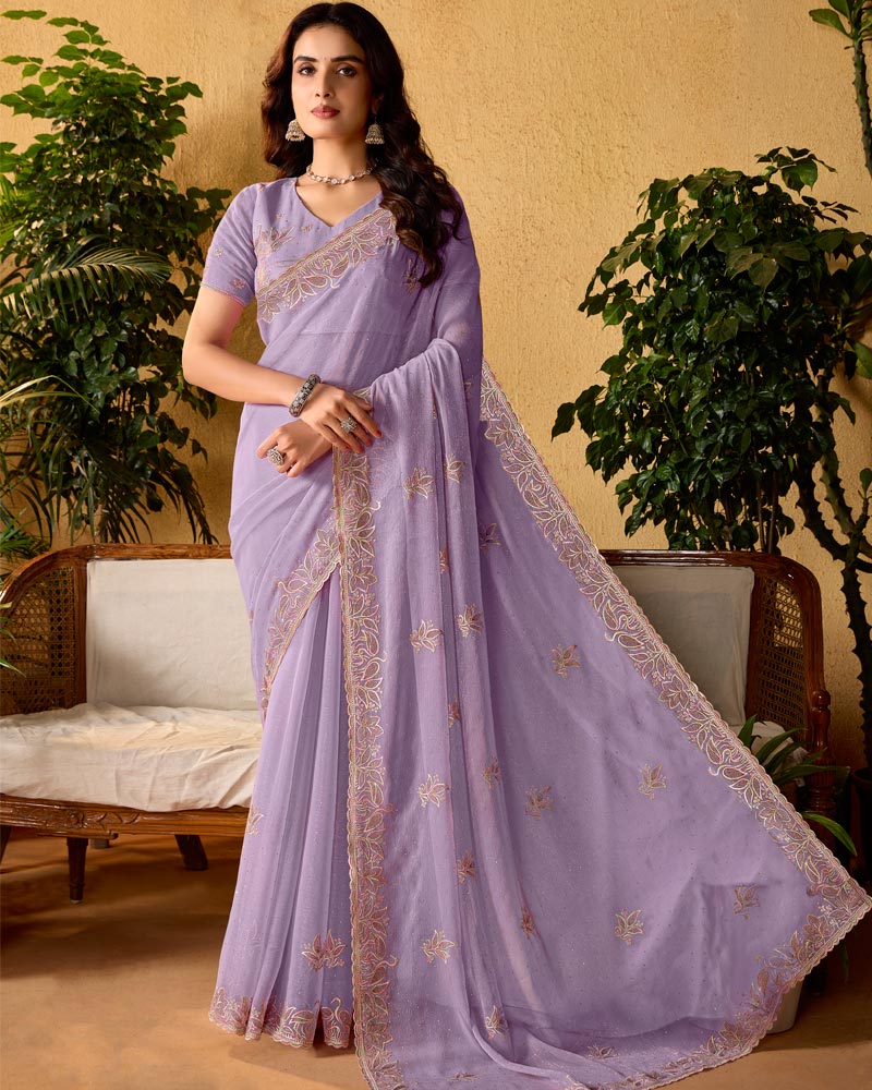 Faded Purple Designer Fancy Chiffon Saree With Embroidery-Diamond Work And Cut Work Border