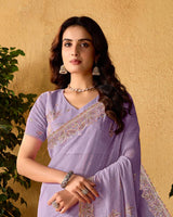 Faded Purple Designer Fancy Chiffon Saree With Embroidery-Diamond Work And Cut Work Border