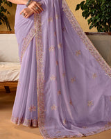Faded Purple Designer Fancy Chiffon Saree With Embroidery-Diamond Work And Cut Work Border