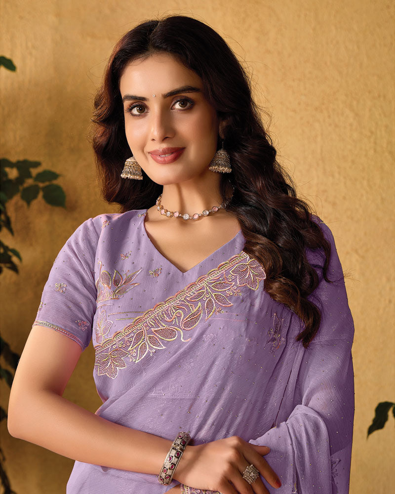 Faded Purple Designer Fancy Chiffon Saree With Embroidery-Diamond Work And Cut Work Border