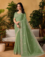 Sage Green Designer Fancy Chiffon Saree With Embroidery-Diamond Work And Cut Work Border