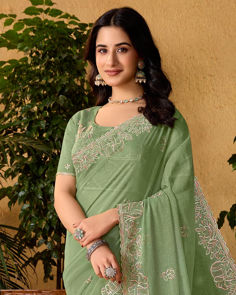 Sage Green Designer Fancy Chiffon Saree With Embroidery-Diamond Work And Cut Work Border