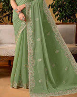 Sage Green Designer Fancy Chiffon Saree With Embroidery-Diamond Work And Cut Work Border