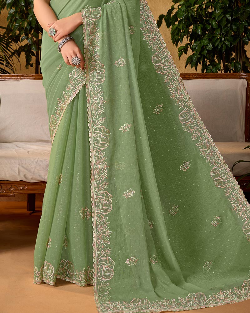 Sage Green Designer Fancy Chiffon Saree With Embroidery-Diamond Work And Cut Work Border