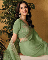 Sage Green Designer Fancy Chiffon Saree With Embroidery-Diamond Work And Cut Work Border