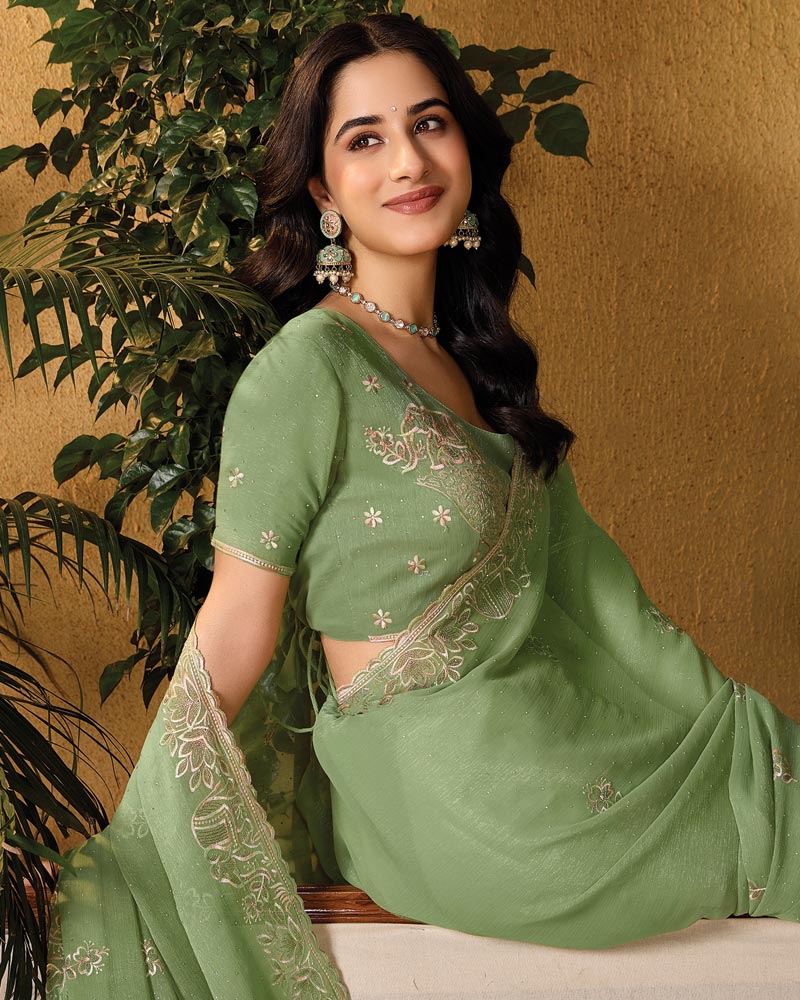 Sage Green Designer Fancy Chiffon Saree With Embroidery-Diamond Work And Cut Work Border