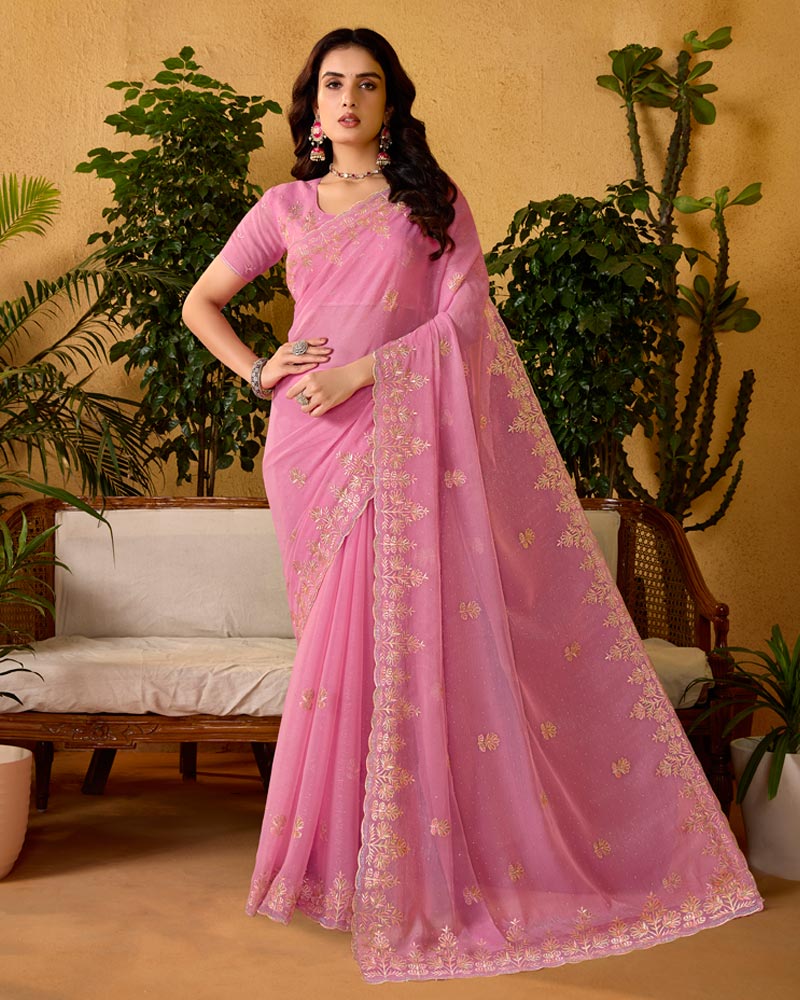 Pale Pink Designer Fancy Chiffon Saree With Embroidery-Diamond Work And Cut Work Border