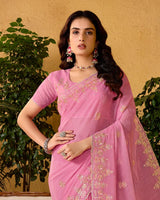 Pale Pink Designer Fancy Chiffon Saree With Embroidery-Diamond Work And Cut Work Border