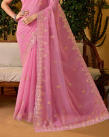 Pale Pink Designer Fancy Chiffon Saree With Embroidery-Diamond Work And Cut Work Border