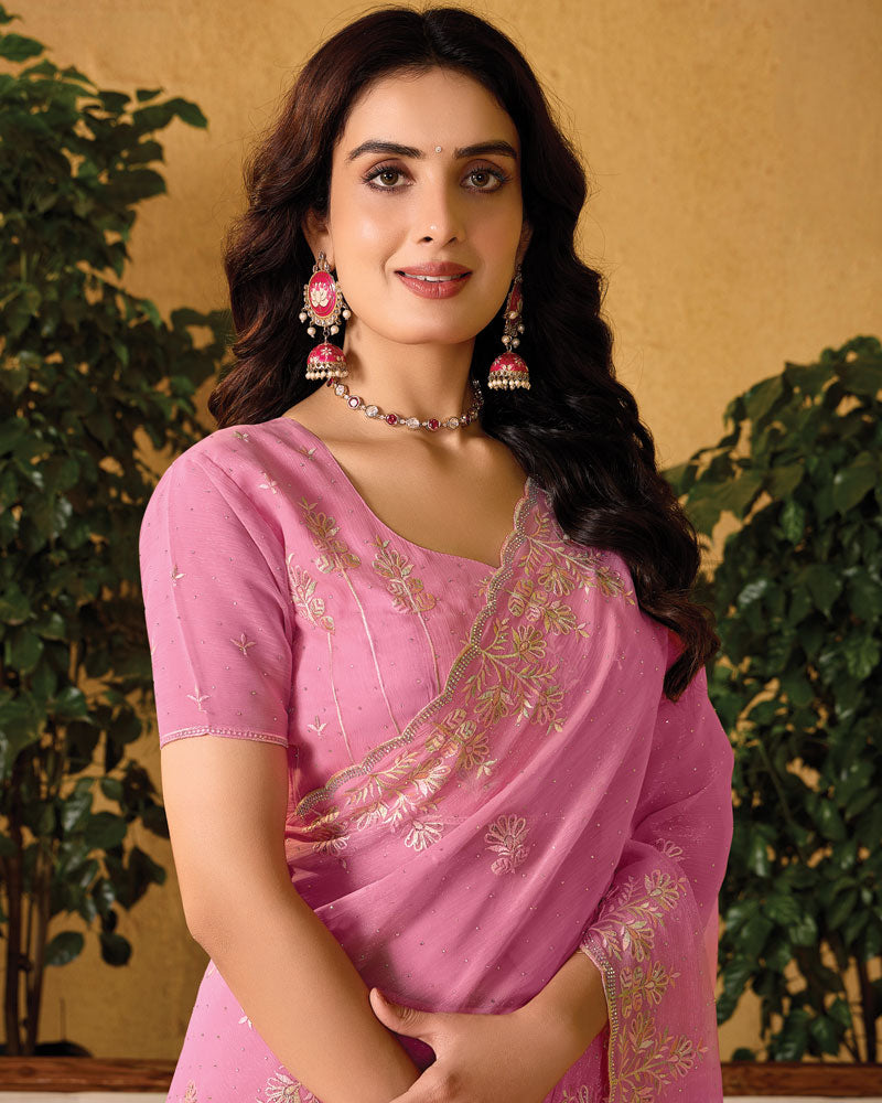 Pale Pink Designer Fancy Chiffon Saree With Embroidery-Diamond Work And Cut Work Border