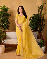 Apricot Yellow Designer Fancy Chiffon Saree With Embroidery-Diamond Work And Cut Work Border