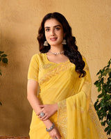 Apricot Yellow Designer Fancy Chiffon Saree With Embroidery-Diamond Work And Cut Work Border