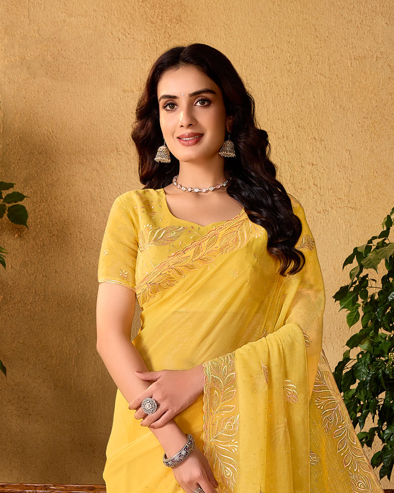 Apricot Yellow Designer Fancy Chiffon Saree With Embroidery-Diamond Work And Cut Work Border
