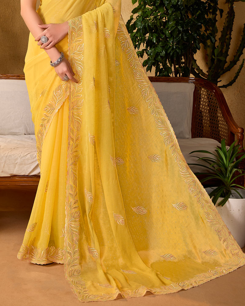Apricot Yellow Designer Fancy Chiffon Saree With Embroidery-Diamond Work And Cut Work Border