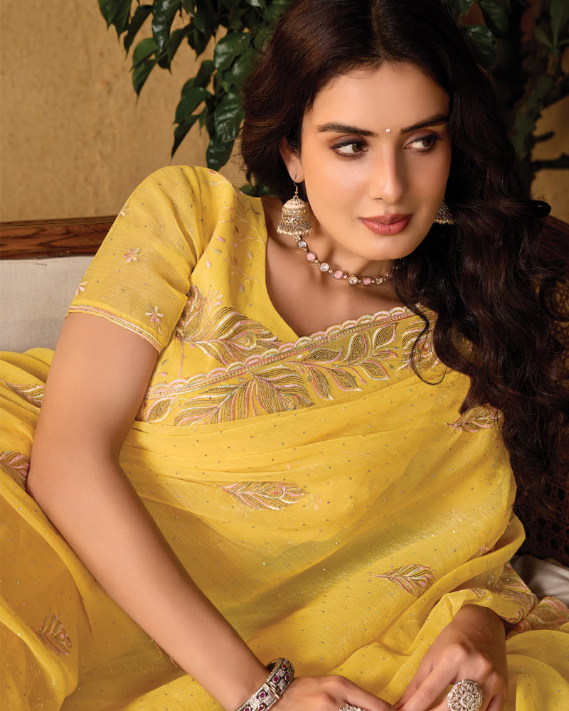 Apricot Yellow Designer Fancy Chiffon Saree With Embroidery-Diamond Work And Cut Work Border