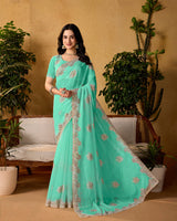 Summer Green Designer Fancy Chiffon Saree With Embroidery-Diamond Work And Cut Work Border