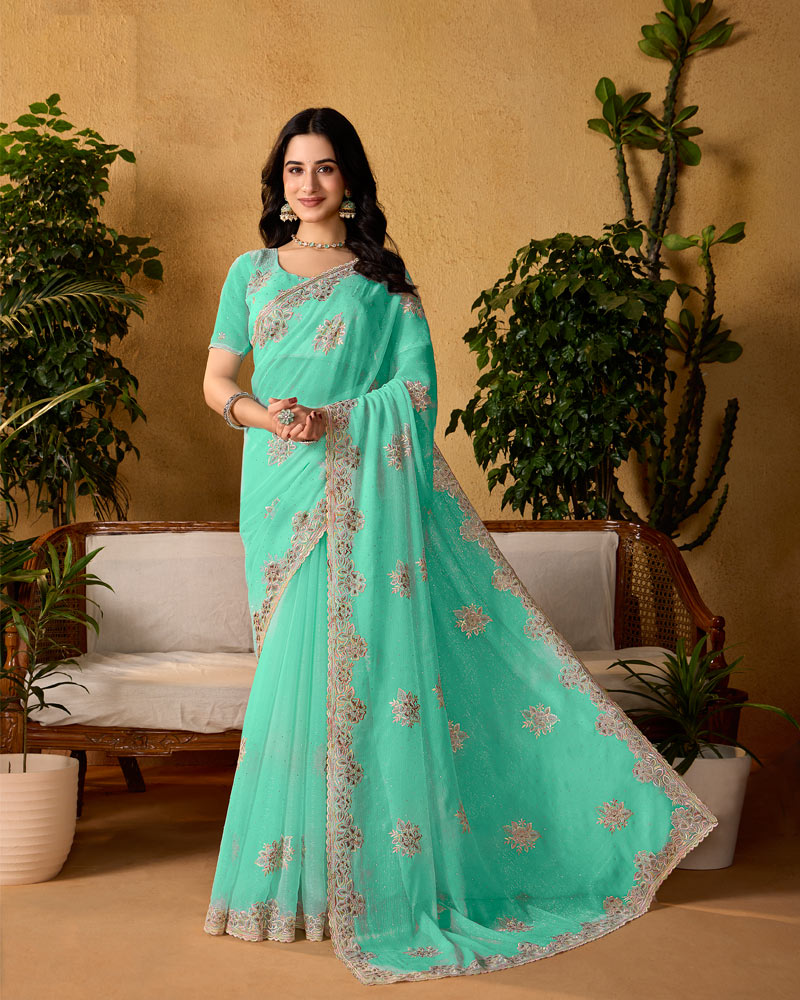 Summer Green Designer Fancy Chiffon Saree With Embroidery-Diamond Work And Cut Work Border