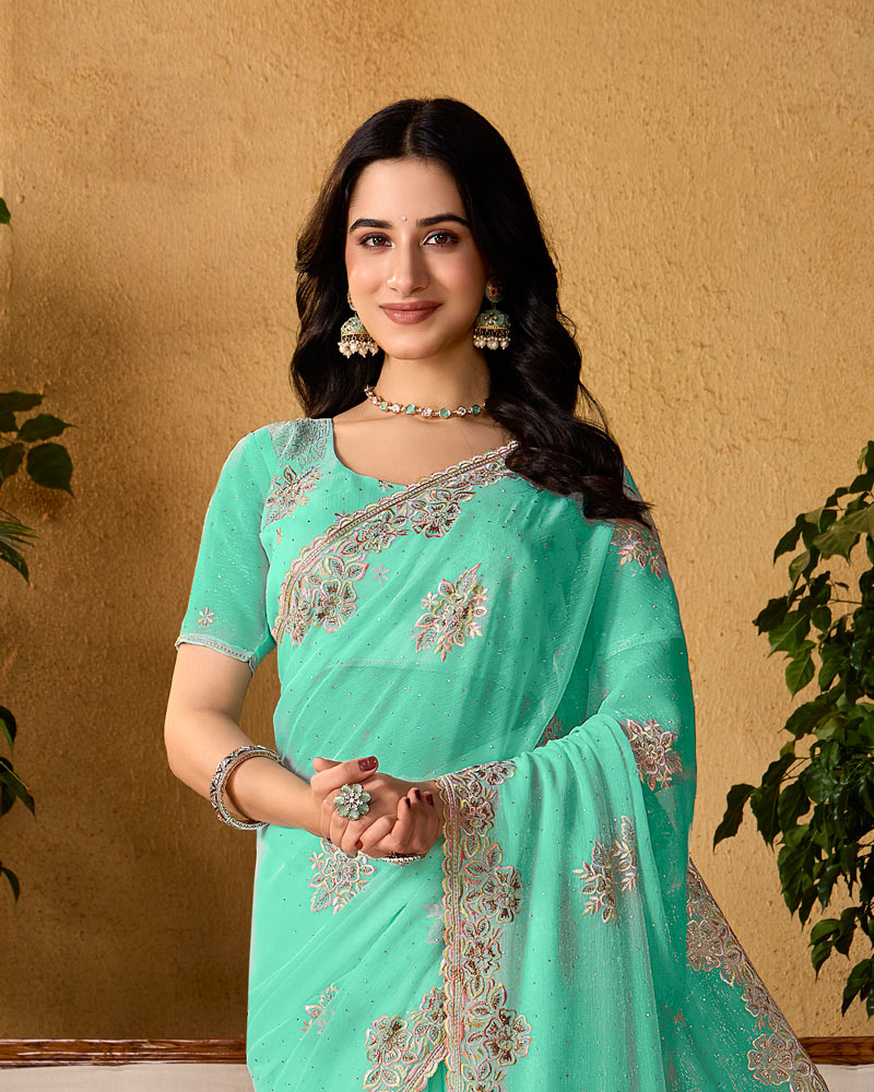 Summer Green Designer Fancy Chiffon Saree With Embroidery-Diamond Work And Cut Work Border