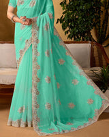 Summer Green Designer Fancy Chiffon Saree With Embroidery-Diamond Work And Cut Work Border