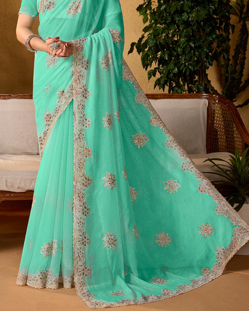 Summer Green Designer Fancy Chiffon Saree With Embroidery-Diamond Work And Cut Work Border