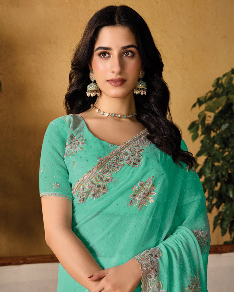 Summer Green Designer Fancy Chiffon Saree With Embroidery-Diamond Work And Cut Work Border