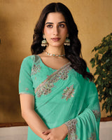 Summer Green Designer Fancy Chiffon Saree With Embroidery-Diamond Work And Cut Work Border