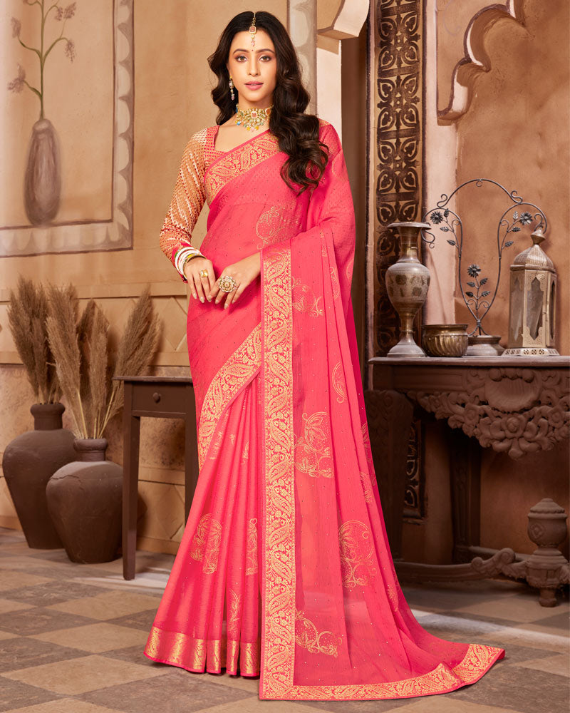 Vishal Prints Red Pink Chiffon Saree With Foil Print And Zari Border