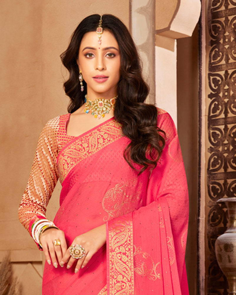 Vishal Prints Red Pink Chiffon Saree With Foil Print And Zari Border