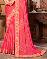 Vishal Prints Red Pink Chiffon Saree With Foil Print And Zari Border